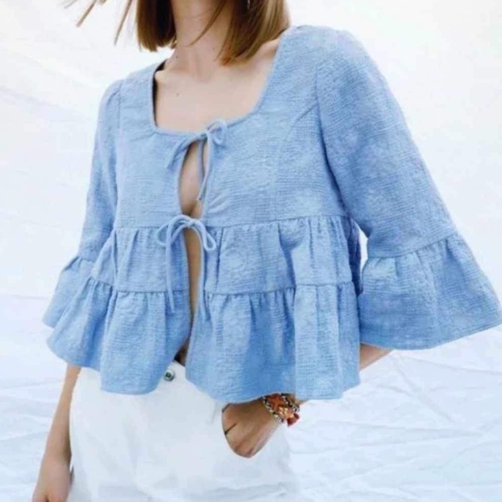 Zara Light Blue Tiered Ruffle Tie-Front Blouse